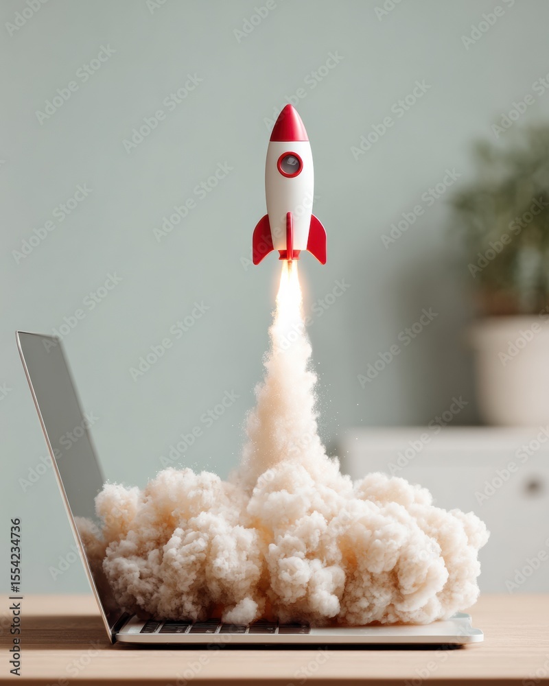 Poster Digital Rocket Launch Emerging from Laptop with Smoke Cloud and AI Effects Symbolizing Rapid Tech Growth and Innovation for Software Services