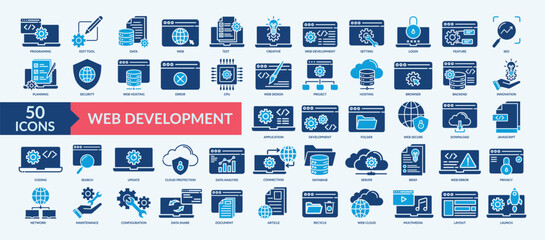 Web development icon collection set with programing, edit tool, setting, seo, innovation