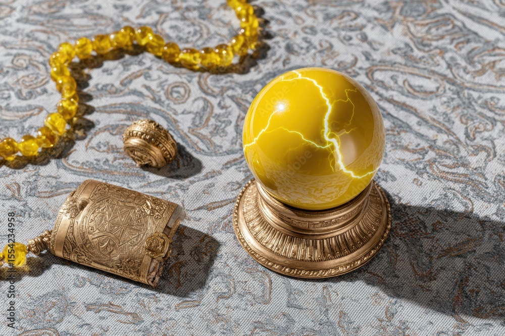 Poster mystical horoscope and tarot setup with ornate gilded sphere and star chart for esoteric branding an