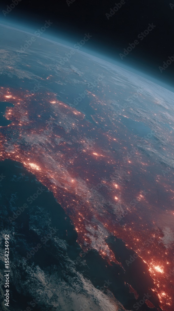 Poster satellite view of europe and middle east at night with city lights showing global connectivity and t