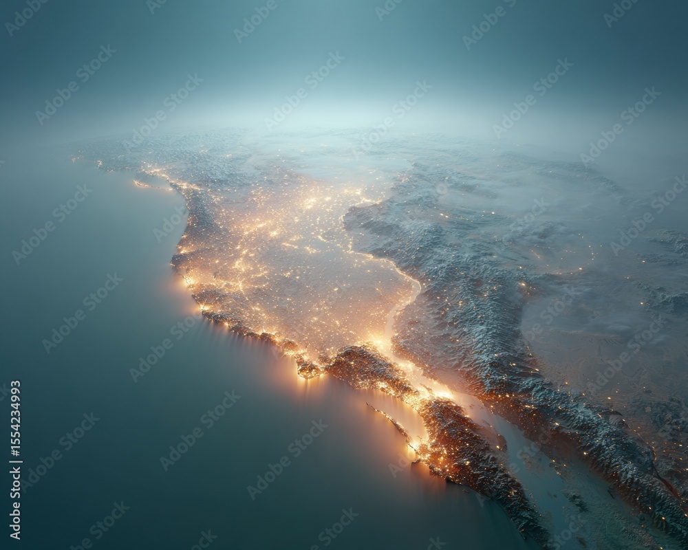 Poster high-definition satellite view of north america at night with illuminated cities and borders highlig