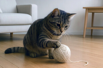 Tabby cat playing with a ball of yarn on a wooden floor in a minimalist living room.