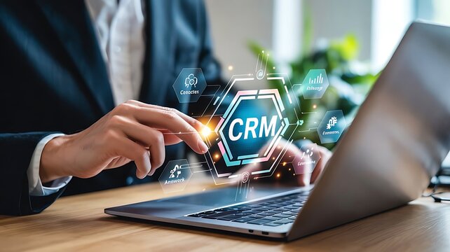 Businessperson using a laptop interface related to customer relationship management concept