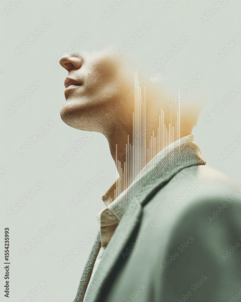 Poster double exposure portrait with financial data visualization overlay, modern tech concept for business