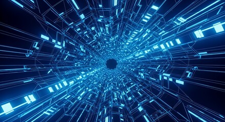 Intricate blue wireframe tech tunnel on a dark backdrop