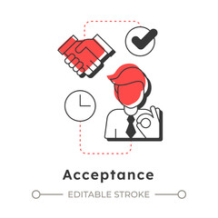 Acceptance modern linear concept icon. Adaptation to processes. Five stages of grief. Organizational change management. Flat outline elements connected with dotted lines. Creative visual. Easy to edit