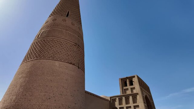 Turpan, China: Tilt down footage of the famous Emin Minaret that dates back from 1777 in the Turpan oasis in Xinjiang in China. This is the tallest minaret in the country and the main islamic monument