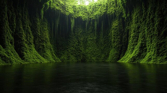 Lush green moss-covered canyon walls above a still water body.