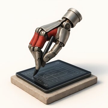 A Metallic Robotic Hand Draws Precision Schematics On A Digital Tablet With Focused Concentration