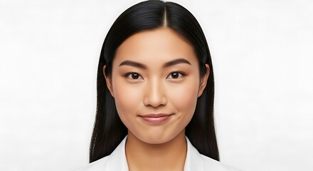 Portrait of a Young Asian Woman with a Subtle Smile, Serene Studio Shot of a Beautiful Woman Against a Clean White Background