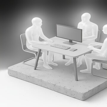 Monochromatic Figures Convene Around A Table With A Screen In A Minimalist Workspace Concept Art