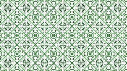Seamless pattern of green and white floral tiles arranged diagonally in a repeating design style