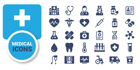 Medical Icons Vector Set – 30 Healthcare, Hospital, Doctor, and Health Symbols | Line & Flat Style