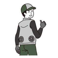熱中症対策　ファン付きベストを着た笑顔の働く男性　シンプルなイラスト