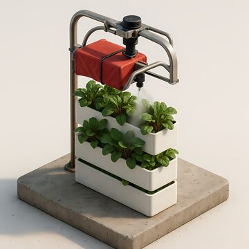 Automated Drone Waters Green Plants In Three Tiered White Planters With A Concrete Base Indoors