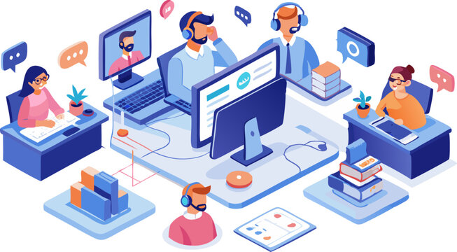 Isometric illustration of a tech support centre: support agents at computers helping customers on large video-call screens, with help-desk icons. - Powered by Adobe