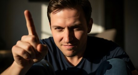 Man raising his index finger in warning against a shadowy backdrop, A pensive man holding up a pointing finger against dramatic lighting