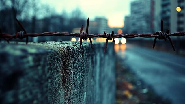 Rusty barbed wire atop a weathered concrete wall against a blurred city backdrop at dusk.