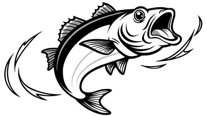 Naklejka premium A bold, black and white illustration of a fish leaping high in the air, mouth agape vector art design