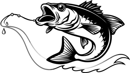 A bold, black and white illustration of a fish leaping high in the air, mouth agape vector art design