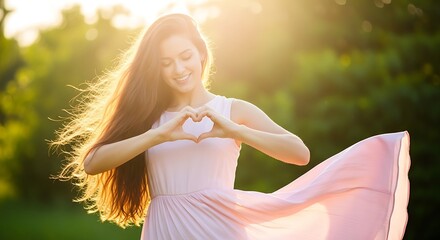 Woman Making Heart Shape with Hands in Sunset Light