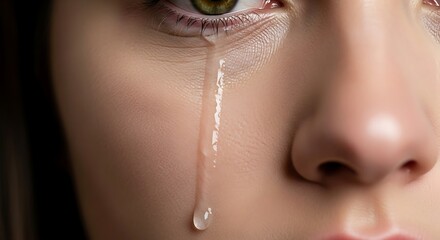 Close-up of a Woman's Eye Crying A Single Tear Rolling Down Her Cheek