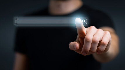 Data Search Technology Search Engine Optimization. man's hands are using a computer keyboard to Searching for information. Using Search Console with your website..