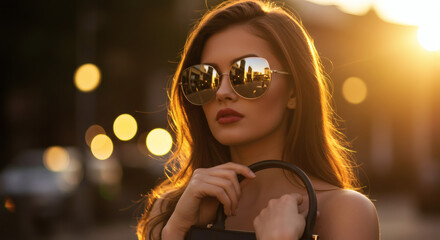 Stylish Woman in Sunglasses at Sunset City Lights Bokeh Background Fashion Portrait