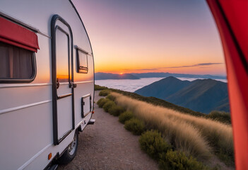 Caravan house trailer camping in mountain nature