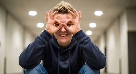 Playful Portrait Person Making Funny Face with Hands