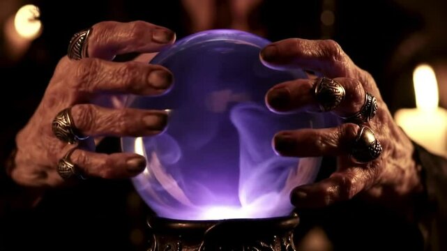 A pair of mystical hands holding a glowing purple crystal ball, suggesting divination and mystery.
