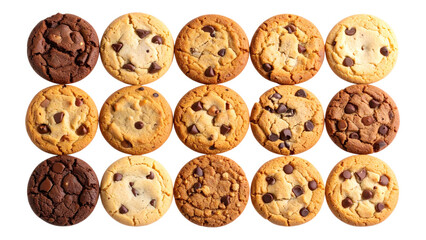 Various types of cookies including chocolate chip and fruit-filled options arranged on a transparent background showcasing diverse shapes and textures with a focus on detail and color contrast. 
