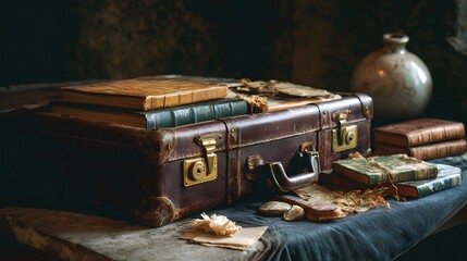 Fototapeta premium An Antique Suitcase and Old Books on a Rustic Surface