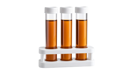 Three laboratory test tubes containing light brown liquids positioned in a white holder on a transparent background, isolated with no distractions, for scientific or educational use.