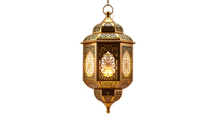 Ornate Moroccan-style brass lantern with intricate geometric patterns and warm glowing light suspended, isolated on a transparent background
