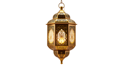 Ornate Moroccan-style brass lantern with intricate geometric patterns and warm glowing light suspended, isolated on a transparent background