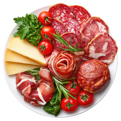 Assortment of Meats, Cheeses, Fresh Herbs, and Cherry Tomatoes on a White Plate for Culinary Presentation and Gourmet Dishes