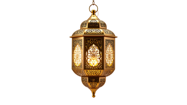 Ornate Moroccan-style brass lantern with intricate geometric patterns and warm glowing light suspended, isolated on a transparent background