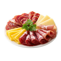 Assorted Cured Meats and Cheeses on a Plate with Fresh Herb Garnish for Culinary Presentation