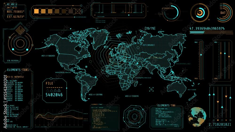 Wall mural animated high-tech interface screen with a world map