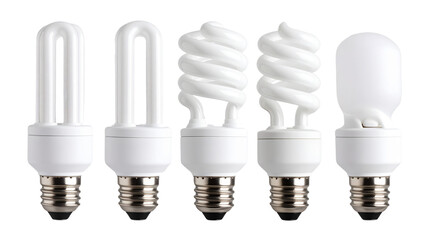 Compact fluorescent light bulbs in various shapes including spiral, globe, and standard with white casing on transparent background for illumination concepts.