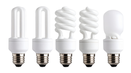 Compact fluorescent light bulbs in various shapes including spiral, globe, and standard with white casing on transparent background for illumination concepts.