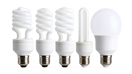 Various types of fluorescent and LED light bulbs isolated on a transparent background showcasing diverse shapes and designs suitable for lighting applications.