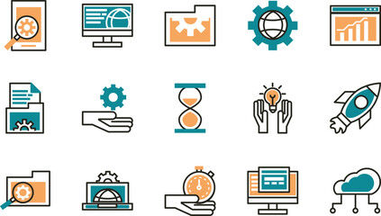 Comprehensive Set of 15 High-Quality Vector Icons for Business, Technology, and Project Management  Perfect for Websites, Applications, and Presentations. Downloadable in EPS format.