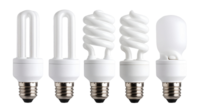 Compact fluorescent light bulbs in various shapes including spiral, globe, and standard with white casing on transparent background for illumination concepts.
