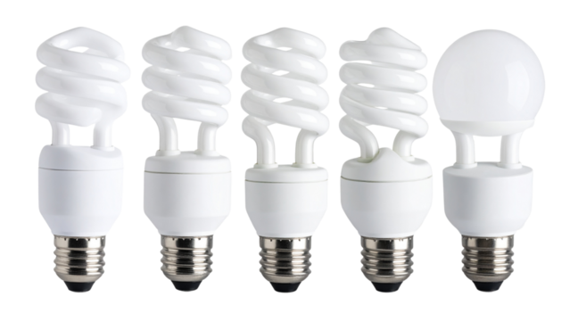 Various types of fluorescent and LED light bulbs isolated on a transparent background showcasing diverse shapes and designs suitable for lighting applications.