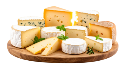 Variety of French cheeses displayed on wooden boards with different shapes and cuts on transparent background for culinary and food styling applications.