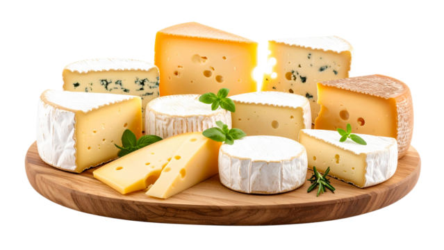 Variety of French cheeses displayed on wooden boards with different shapes and cuts on transparent background for culinary and food styling applications.