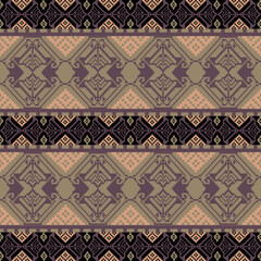 Earthy Tone Traditional Embroidery Art Abstract with Pixel Art Designs for Textile Print