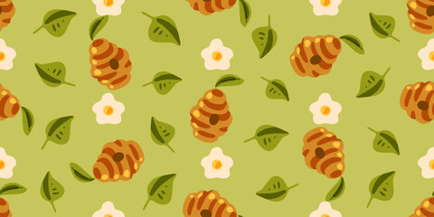Beehive Flower Leaf Pattern Design. Seamless pattern with cartoon beehives, white flowers and green leaves on soft olive background. Flat vector style with warm natural palette.